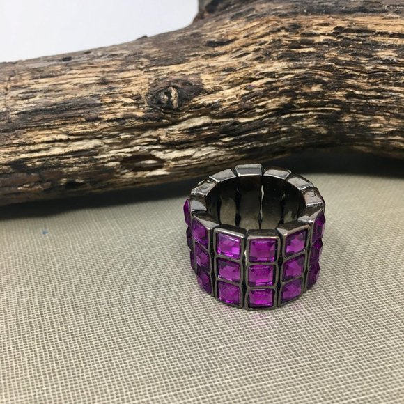 Expandable Purple Faceted Acrylic Tiny Square Pewter Tone Bar Wide Stretch Ring - Picture 4 of 16